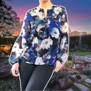 Calvin Klein Night Garden in Blossom Flowy Blouse with Notched V-Neck, Size S